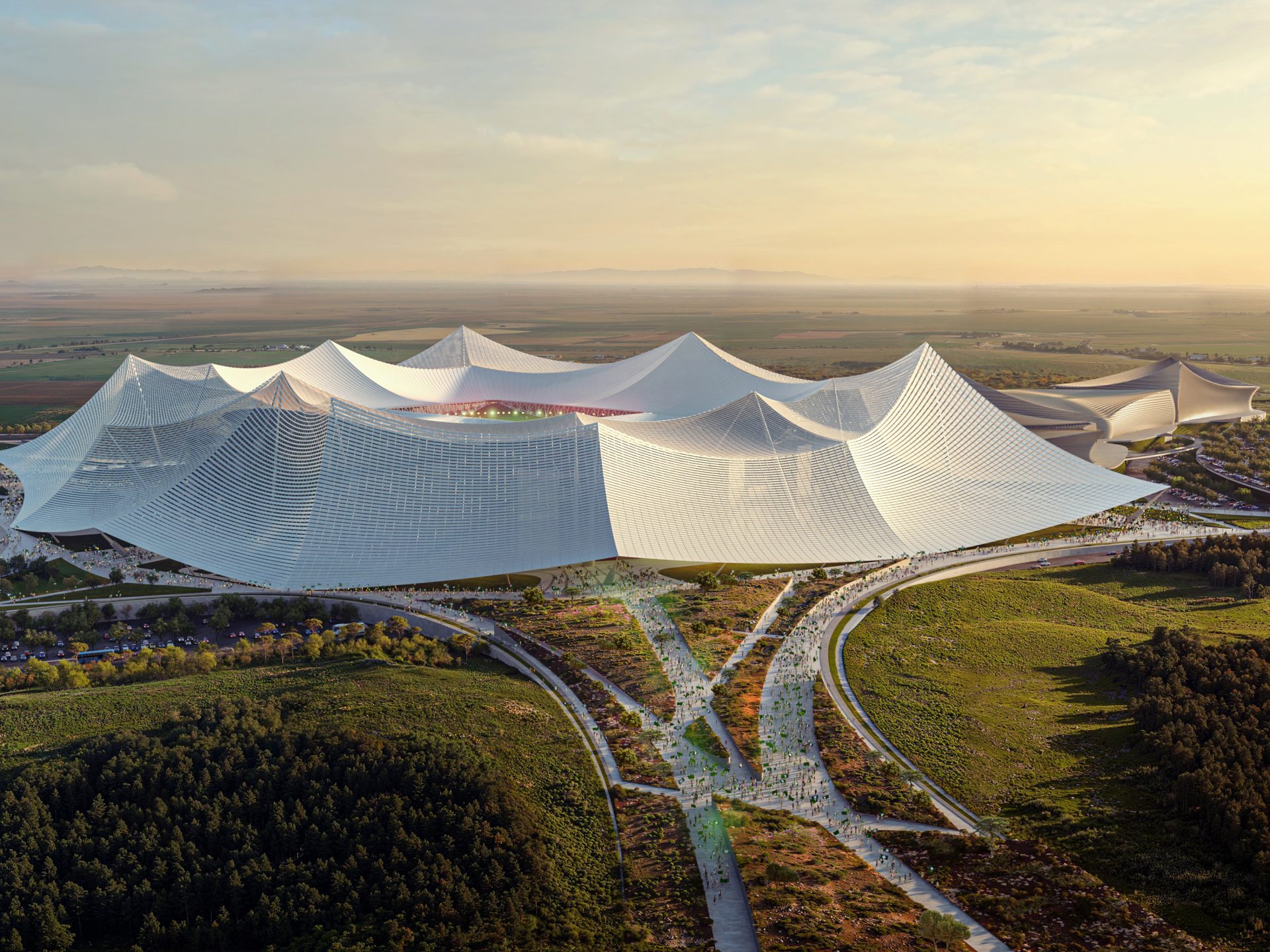 Architectural rendering of the Grand Stade Hassan II near Benslimane, planned at approximately 115,000 seats for Morocco's 2030 World Cup.