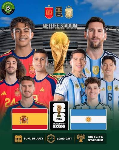 A packed stadium during the 2026 World Cup final between Spain and Argentina.