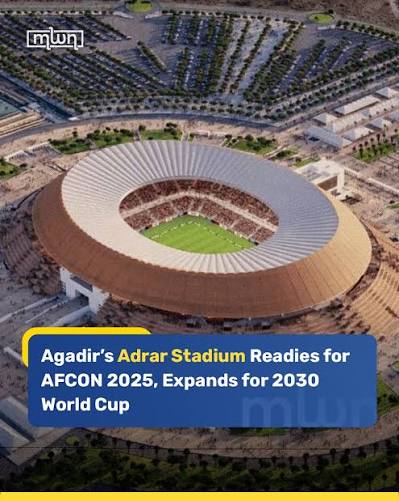 Grand Stade d'Agadir, also known as Stade Adrar, currently operating with approximately 43,500 seats. ⚠ Rendering — not a photograph.