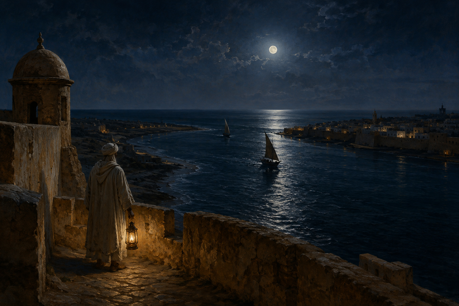 Artistic reconstruction of a lantern-bearing watchman overlooking sailing vessels on the Bou Regreg between Rabat and Salé at night.