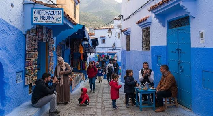 Daily life in the blue lanes of Chefchaouen's medina — residents going about their morning