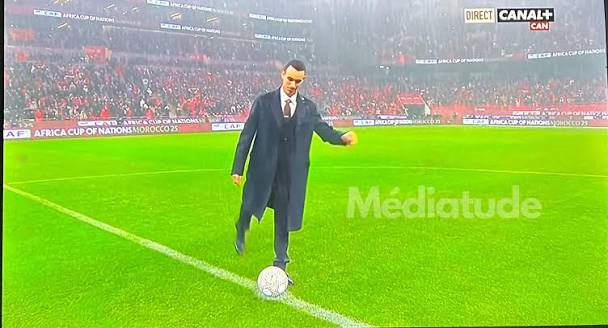 Crown Prince Moulay El Hassan performs the ceremonial kick before the AFCON final at the Prince Moulay Abdellah Stadium in Rabat, January 2026