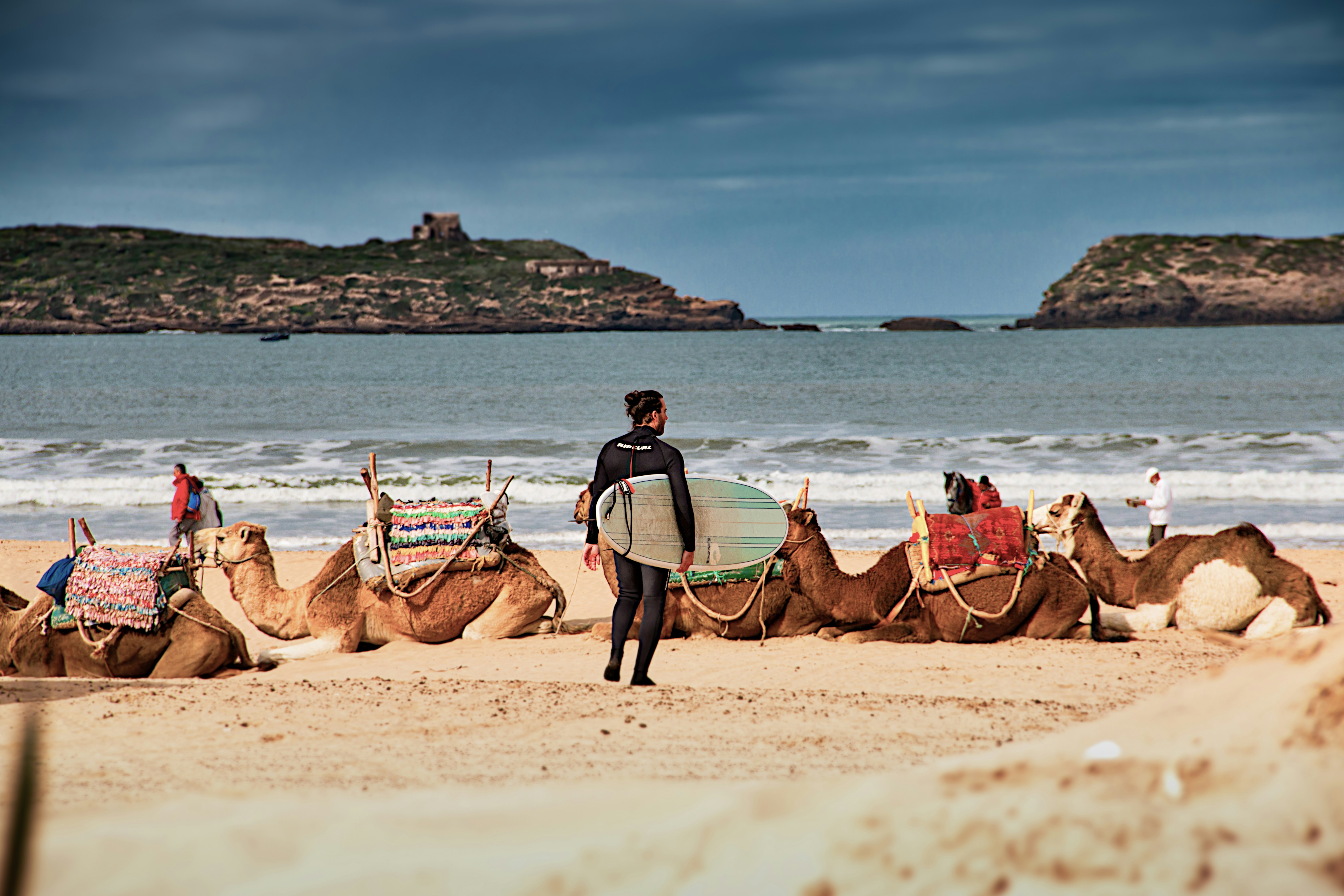 Wide Atlantic beach south of Essaouira with windsurfers and kites in the air