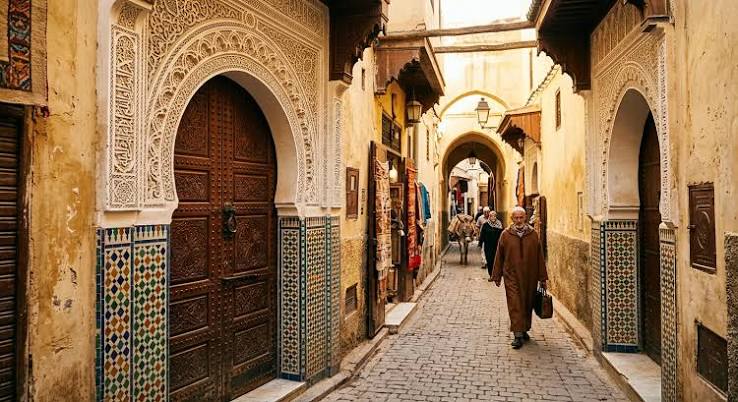 Ornamental architectural detail in the Fez medina — carved plasterwork and zellige tilework characteristic of Moroccan Islamic architecture