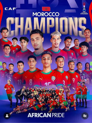 Morocco's U-20 squad celebrate their FIFA World Cup title — graphic reads MOROCCO CHAMPIONS with CAF and FIFA Chile 2025 branding