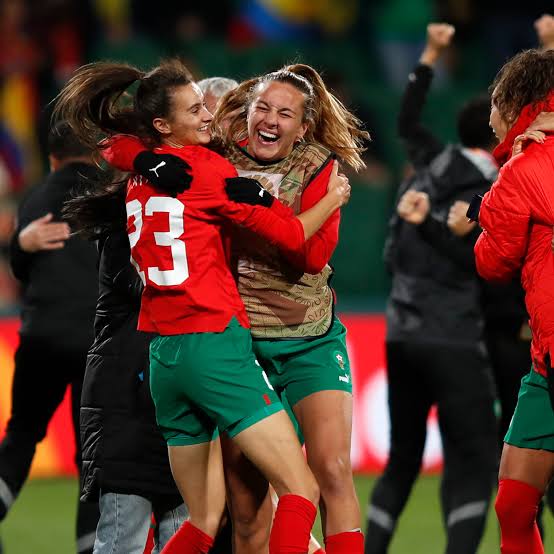 Atlas Lionesses celebrate their historic 2023 Women's World Cup Round of 16 qualification — Morocco's first Women's World Cup