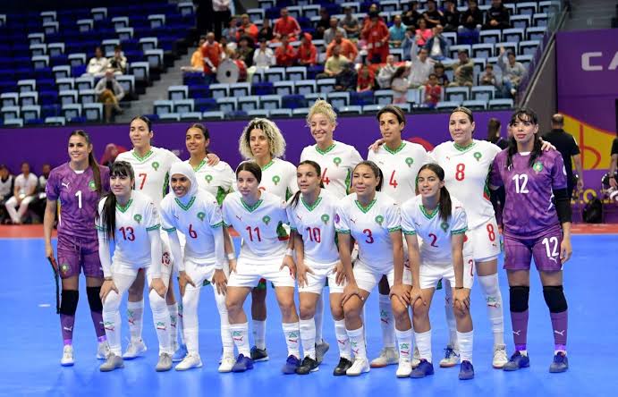 Morocco's women's futsal squad line up before the inaugural Women's Futsal AFCON final in 2025 — they would win 3–2 against Tanzania after coming from 2–0 down