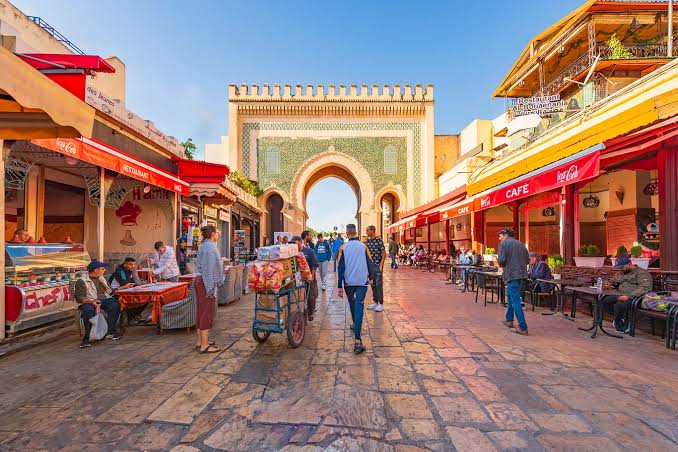 Place Boujloud (Bab Bou Jeloud) in Fez — the main entrance to Fez el-Bali and a gathering point during the festival