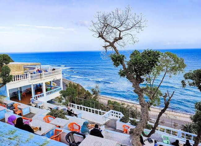 Café Hafa terraced cliffside tea garden overlooking the Strait of Gibraltar, Tangier