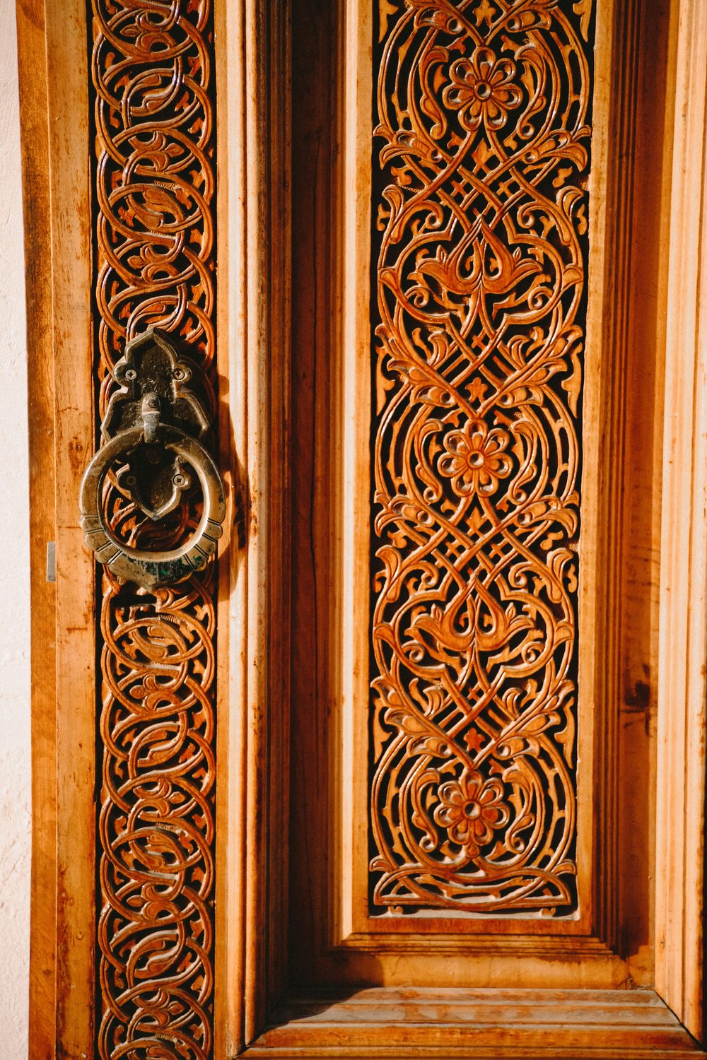 Carved wooden door panels with deep interlaced vegetal ornament and a round metal knocker