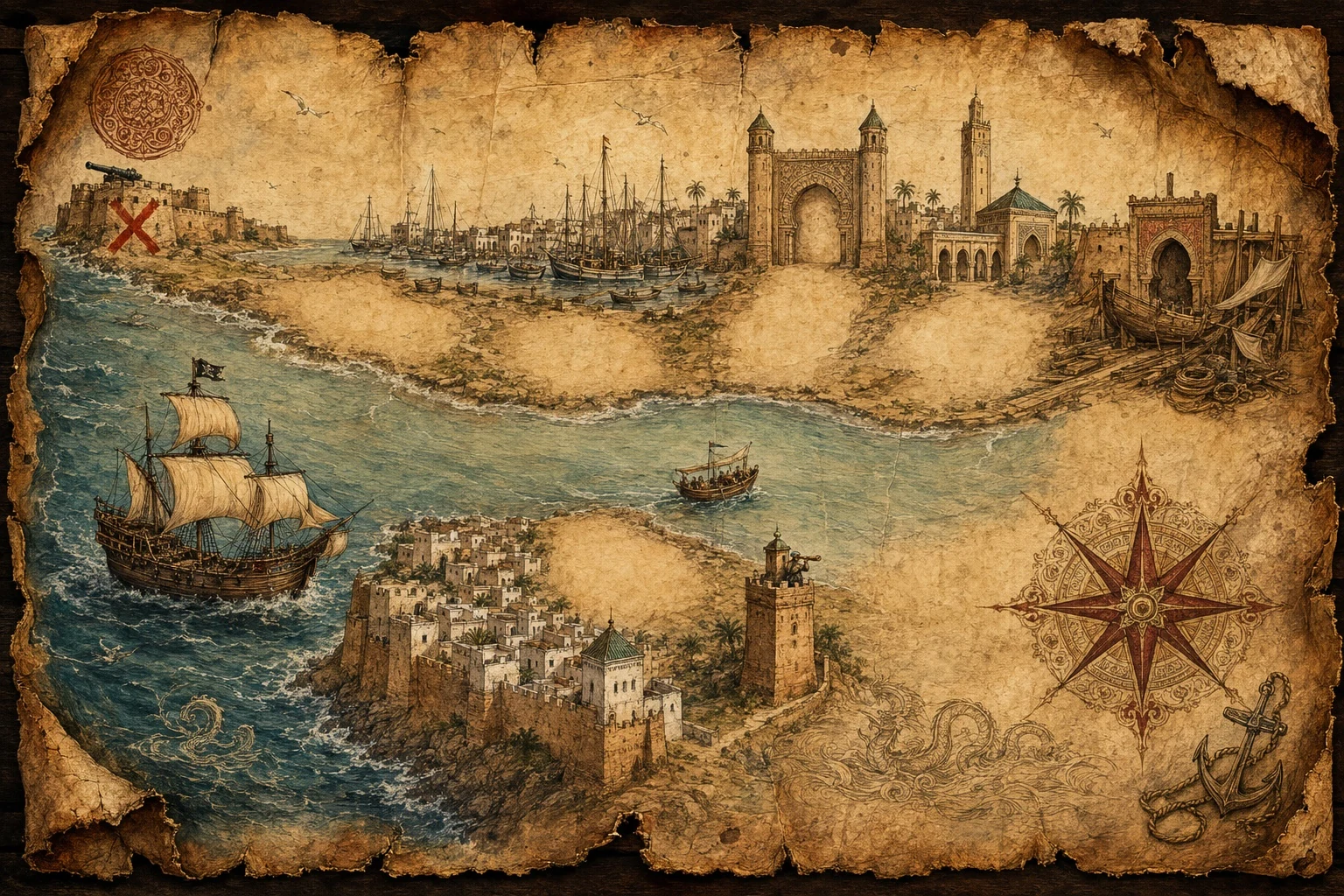 Illustrated parchment treasure map of the Corsair Trail through Salé and Rabat
