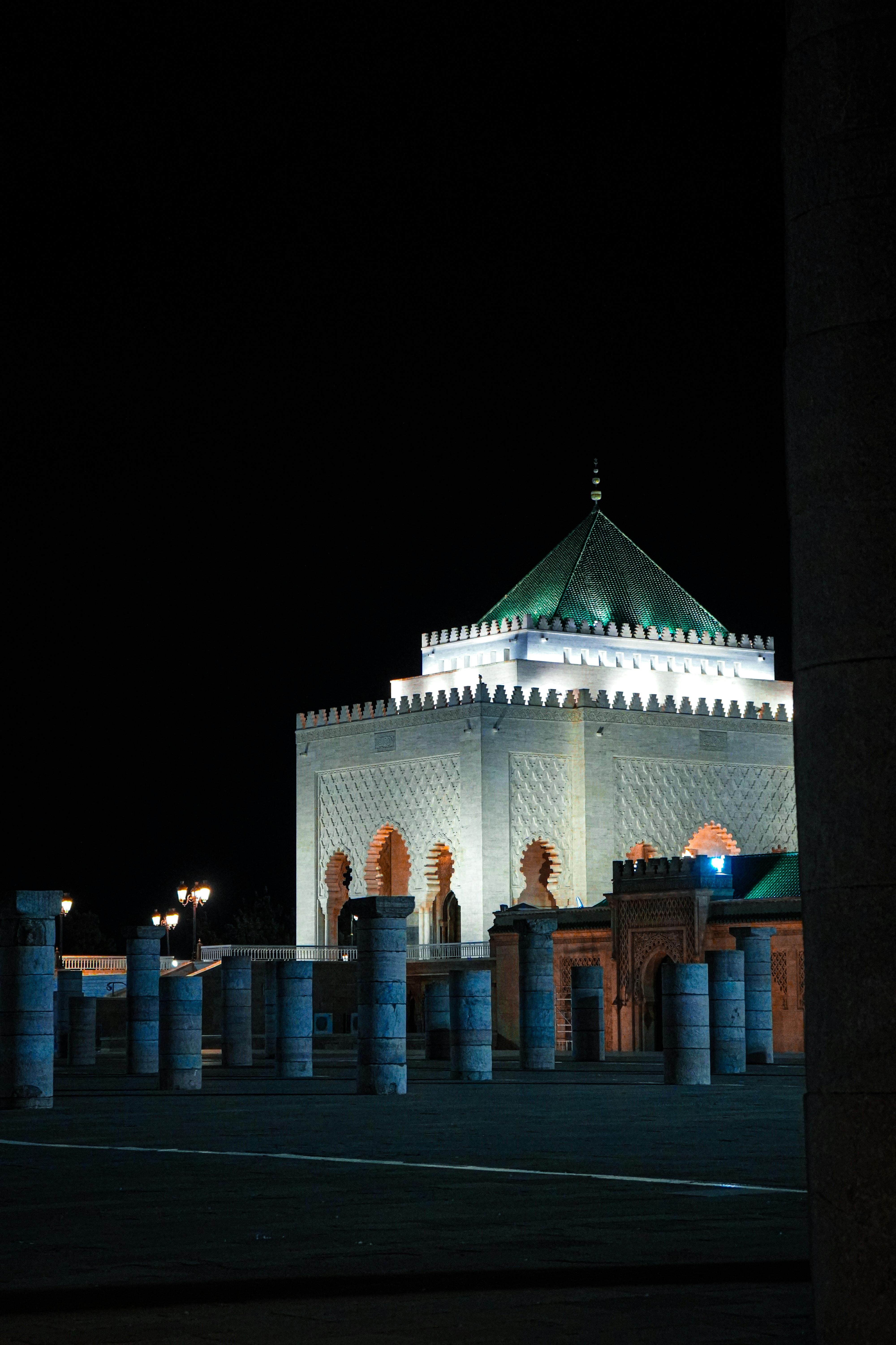 Mohammed V Mausoleum illuminated at night — Rabat Morocco